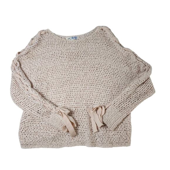 Jolt Open Knit Sweater Womens Large Blush Pink Lace Up Tie Sleeve Boho Festival - Picture 1 of 7